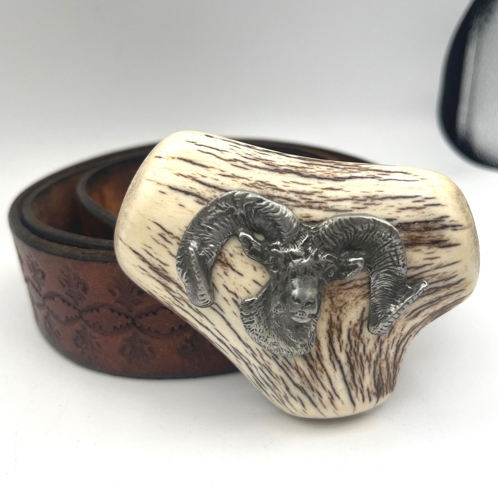 Vtg Antler Burr Belt Buckle 3D pewter Bighorn Ram Tooled Leather Belt Americana